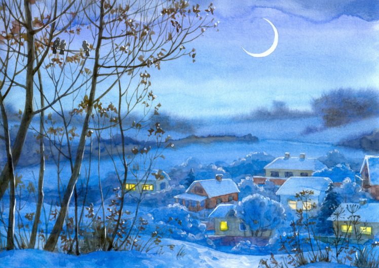 painting, Winter, Village, Home, Night, Month, Snow HD Wallpaper Desktop Background