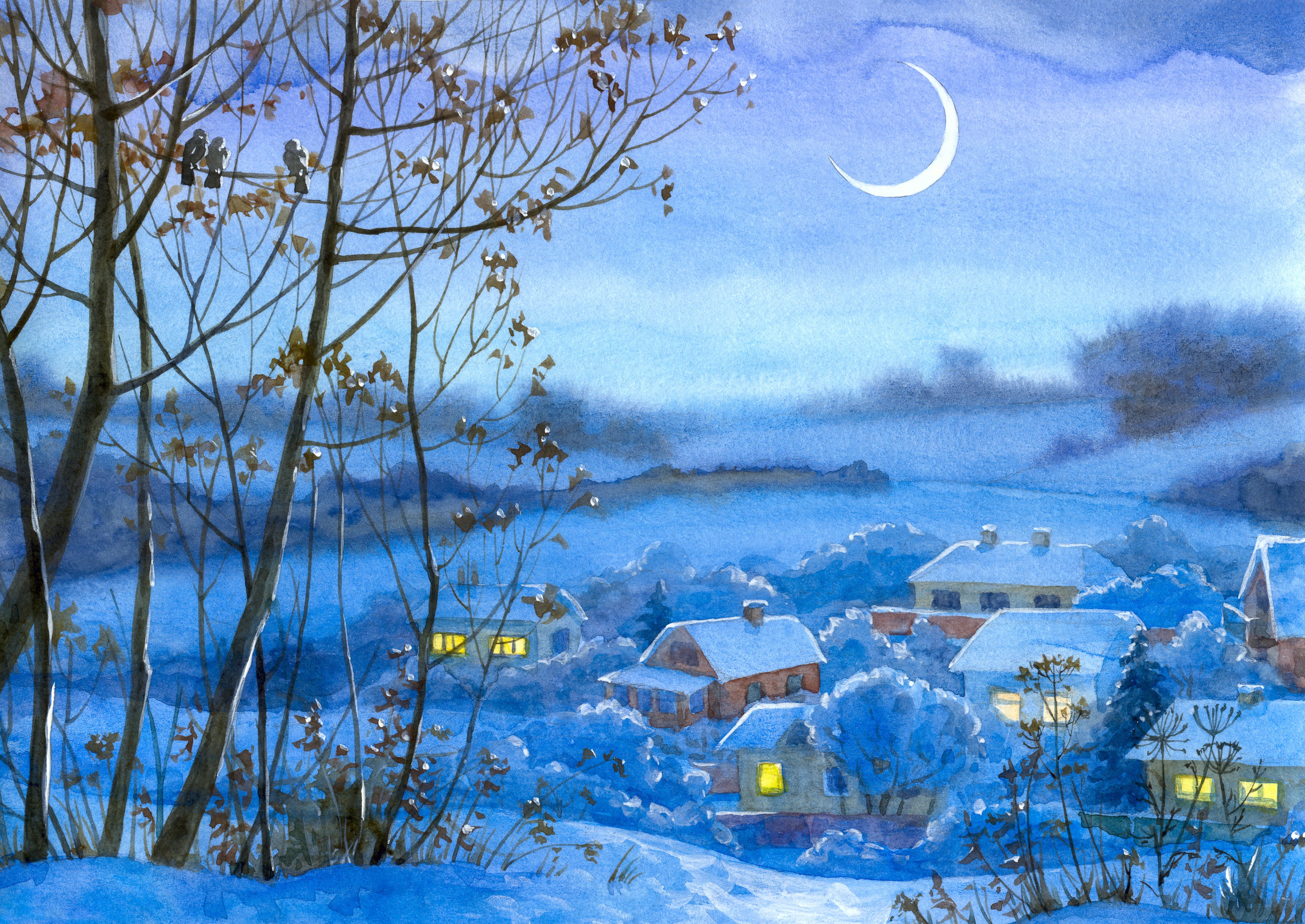 painting, Winter, Village, Home, Night, Month, Snow Wallpaper