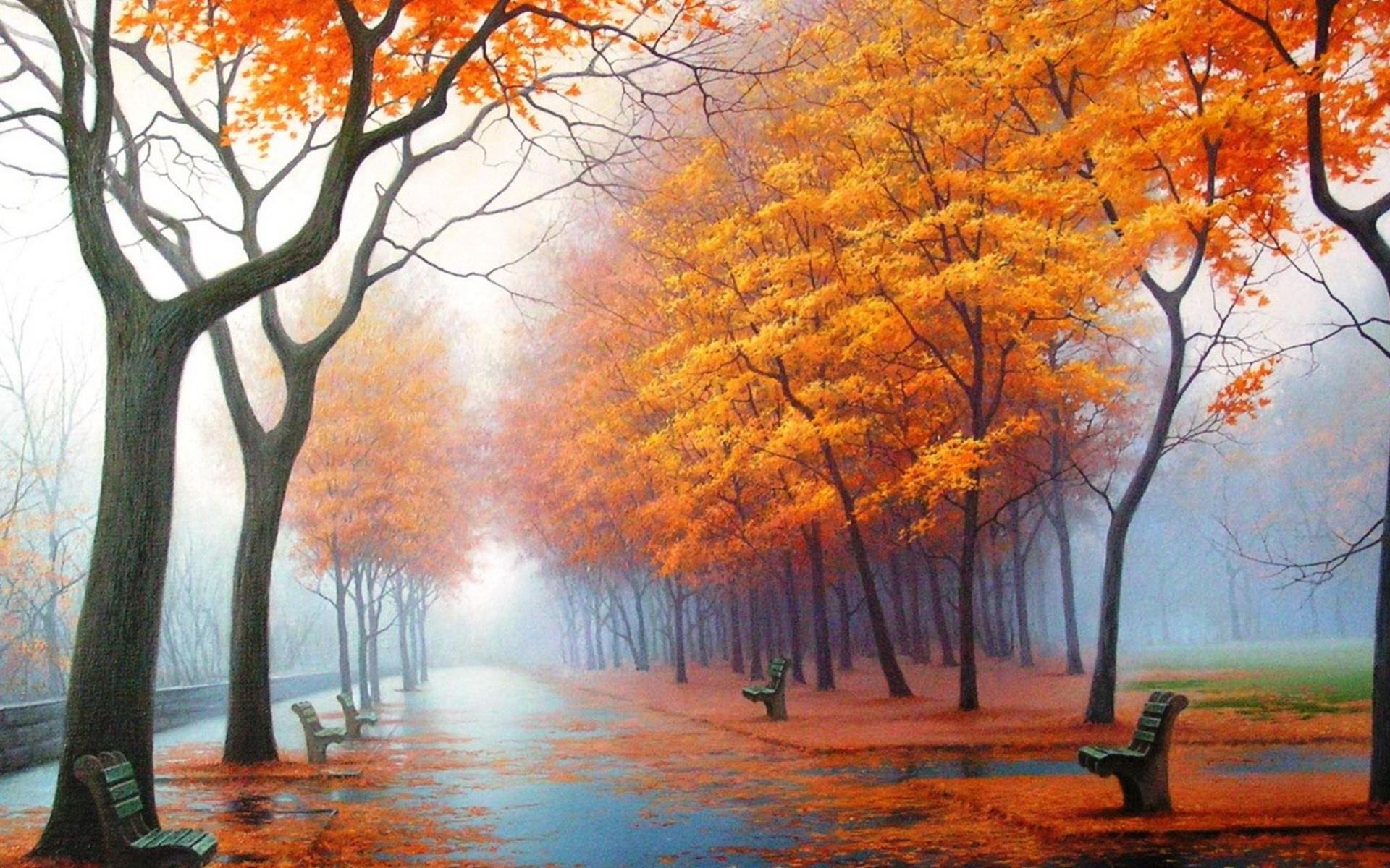 autumn, Park, Avenue, Benches, Trees, Leaf, Fall, Fog, Steam, Haze, Path, Asphalt, Painting, Art Wallpaper