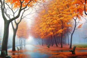 autumn, Park, Avenue, Benches, Trees, Leaf, Fall, Fog, Steam, Haze, Path, Asphalt, Painting, Art