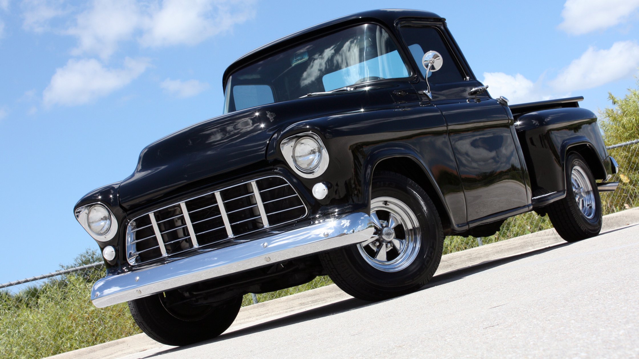 1955, Chevrolet, 3100, Stepside, Hotrod, Streetrod, Hot, Rod, Street, Black, Usa, 2240x1260 01 Wallpaper