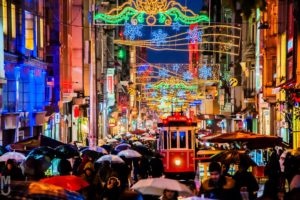 people, Night, Istanbul, Tram, Rain, Lights, Life, Umbrella, Taksem, Turkey, Crowdedness