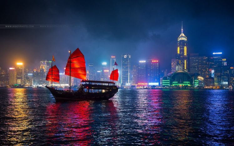 original, Photo, City, Boat, Reflection, Night, Towers, Cityscape, China, Skyscrapers, Hong, Kong HD Wallpaper Desktop Background