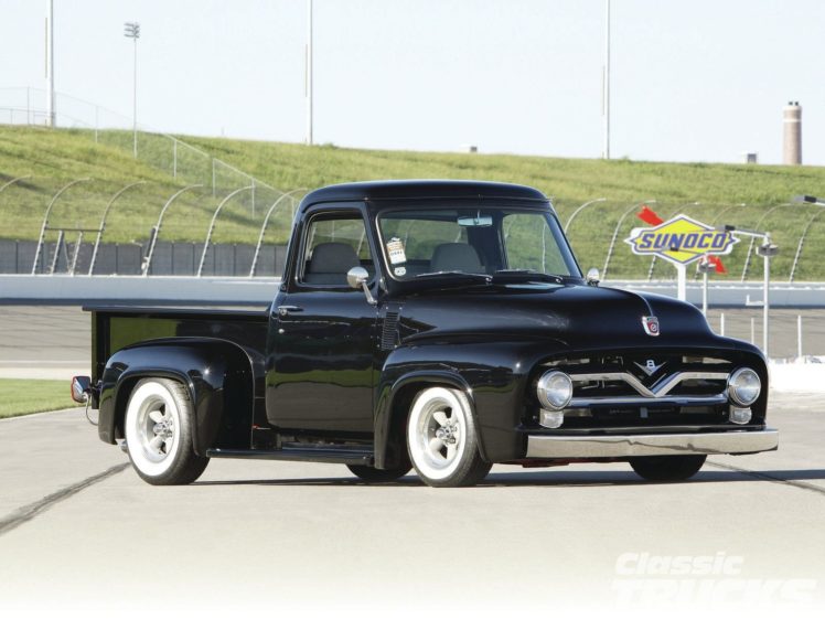 1955, Ford, F 100, Pickup, Hotrod, Streetrod, Hot, Rod, Street, Black, Usa, 1600×1200 01 HD Wallpaper Desktop Background