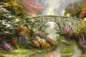 bridge, Stone, Arch, Painting, Art, Canvas, Flowers