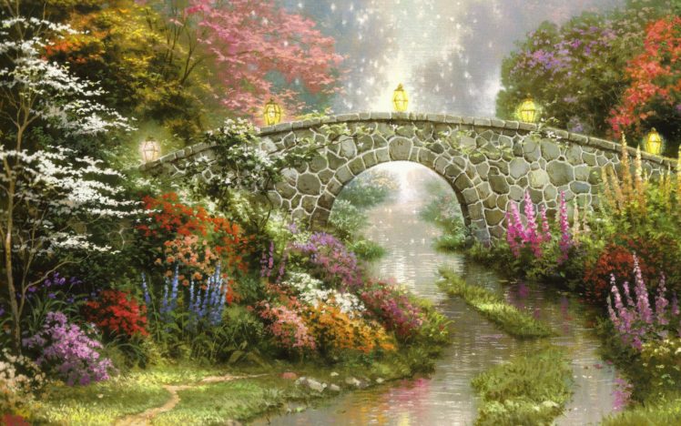bridge, Stone, Arch, Painting, Art, Canvas, Flowers HD Wallpaper Desktop Background