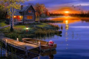 art, Evening, Decline, Lake, Boat, Lodge, Lamp, Light
