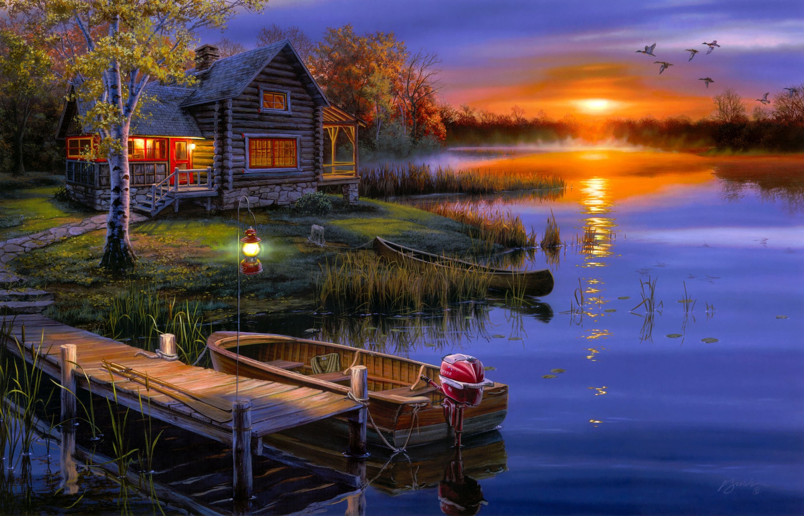 art, Evening, Decline, Lake, Boat, Lodge, Lamp, Light Wallpaper
