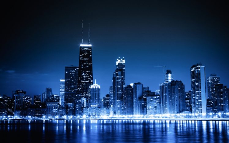 blue, Cityscapes, Chicago, Night, Lights, Urban, Skycrapers HD Wallpaper Desktop Background
