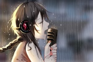 brown, Hair, Close, Headphones, Microphone, Rain, Vocaloid, Vocaloid, China, Water, Weitu, Wet, Yuezheng, Ling