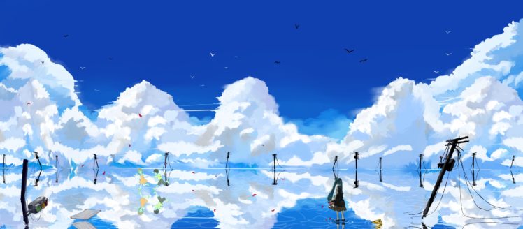 water, Abstract, Blue, Clouds, Landscapes, Vocaloid, Hatsune, Miku, Fantasy, Art, Twintails, Anime, Run, Reflections, Anime, Girls, Blue, Skies HD Wallpaper Desktop Background