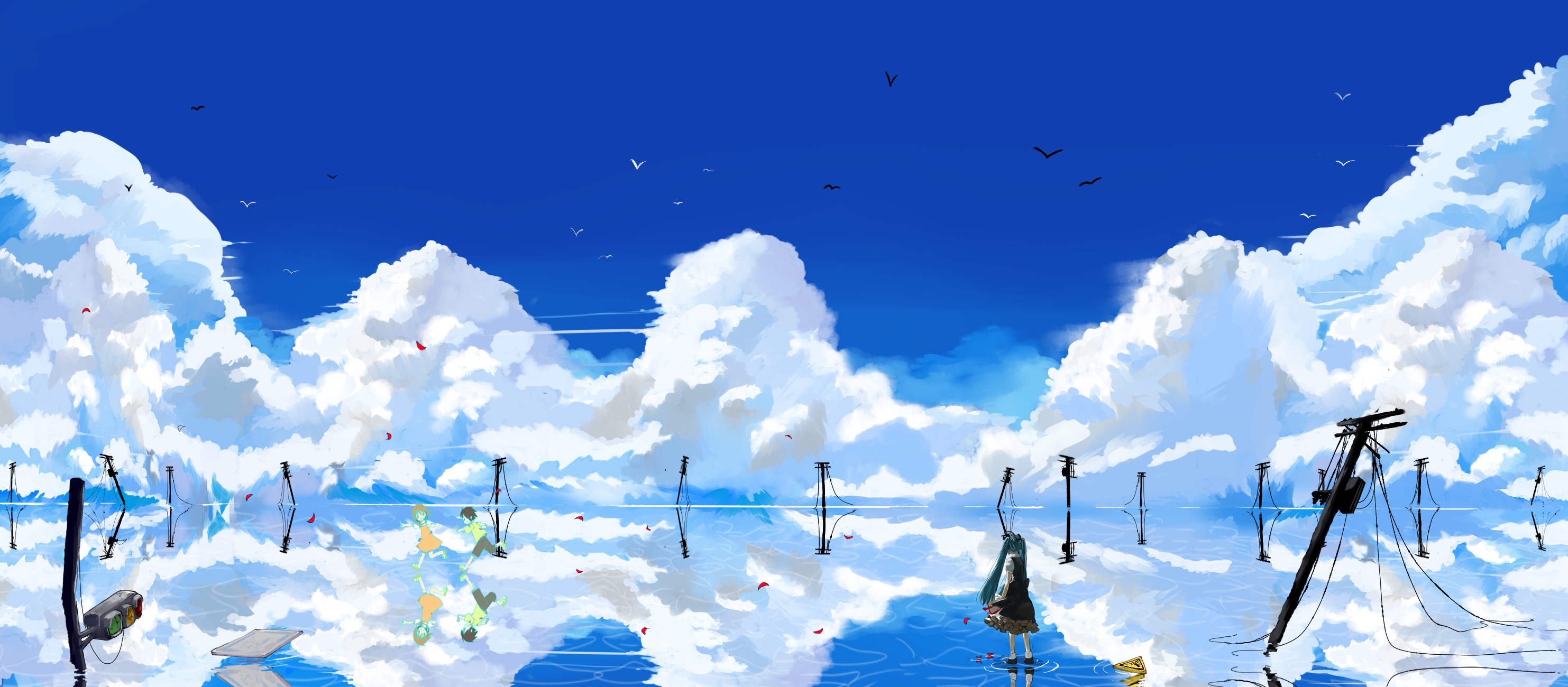 water, Abstract, Blue, Clouds, Landscapes, Vocaloid, Hatsune, Miku, Fantasy, Art, Twintails, Anime, Run, Reflections, Anime, Girls, Blue, Skies Wallpaper