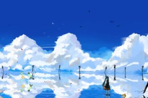 water, Abstract, Blue, Clouds, Landscapes, Vocaloid, Hatsune, Miku, Fantasy, Art, Twintails, Anime, Run, Reflections, Anime, Girls, Blue, Skies