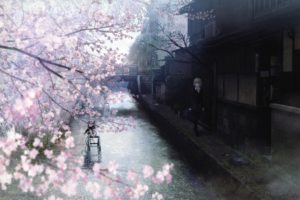 water, Cherry, Blossoms, Japanese, Spring, Watercolor, Anime, Girls, Branches