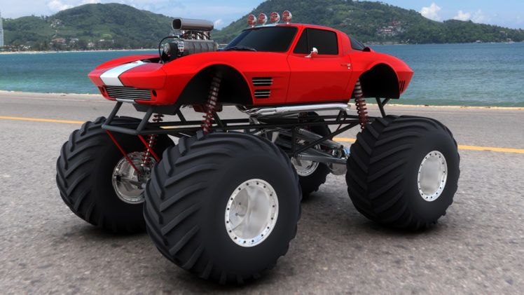 monster truck, Monster, Truck, Trucks, 4×4, Wheel, Wheels, Corvette, Corvettes, Hot, Rod, Rods HD Wallpaper Desktop Background