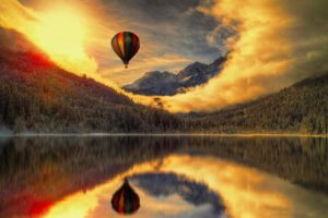 lake, Mountain, Balloon, Sunset, Beauty, Tree, Landscape, Sky, Cloud