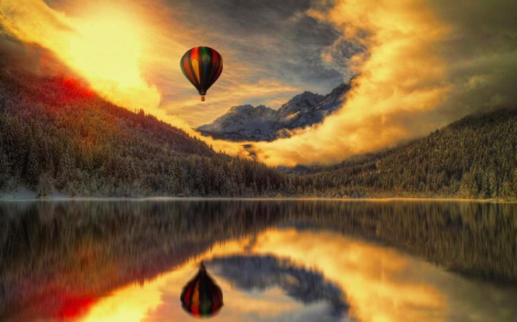 lake, Mountain, Balloon, Sunset, Beauty, Tree, Landscape, Sky, Cloud HD Wallpaper Desktop Background