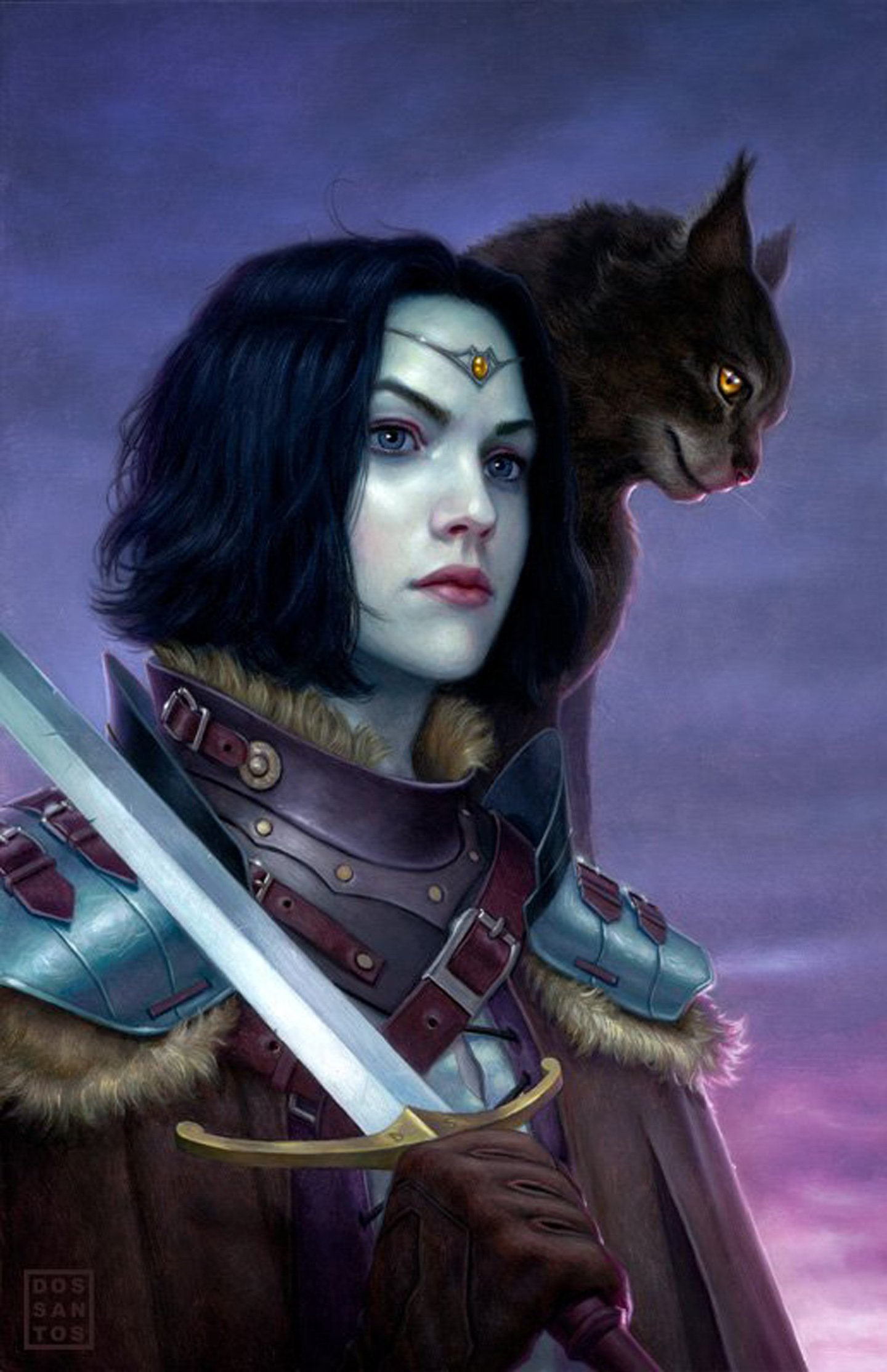 fantasy, Girl, Beautiful, Blue, Eyes, Short, Hair, Sword, Cat, Warrior Wallpaper