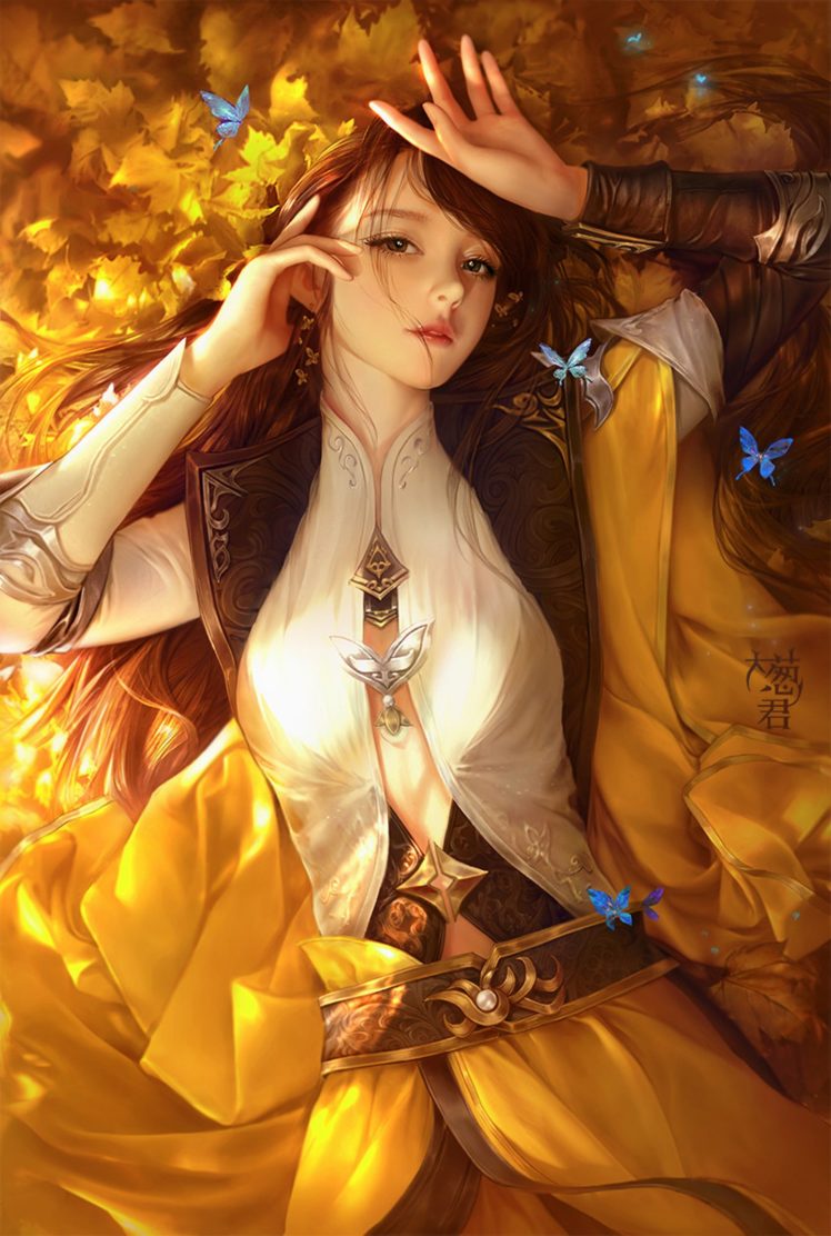 fantasy, Original, Girl, Woman, Character, Long, Hair, Beautiful, Butterfly, Dress HD Wallpaper Desktop Background