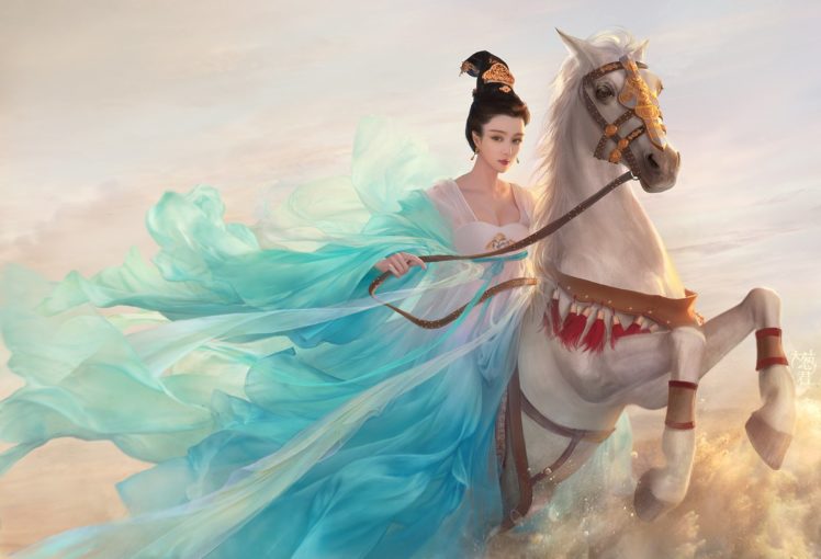 fantasy, Original, Girl, Woman, Character, Long, Hair, Beautiful, Dress, Horse, Princess HD Wallpaper Desktop Background
