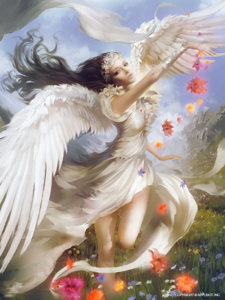 fantasy, Original, Girl, Woman, Character, Long, Hair, Beautiful, Wings, Angel, Dress, Flower HD Wallpaper Desktop Background