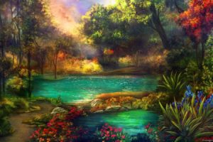 art, Oil, Painting, Beauty, Landscape, Lake, Flower