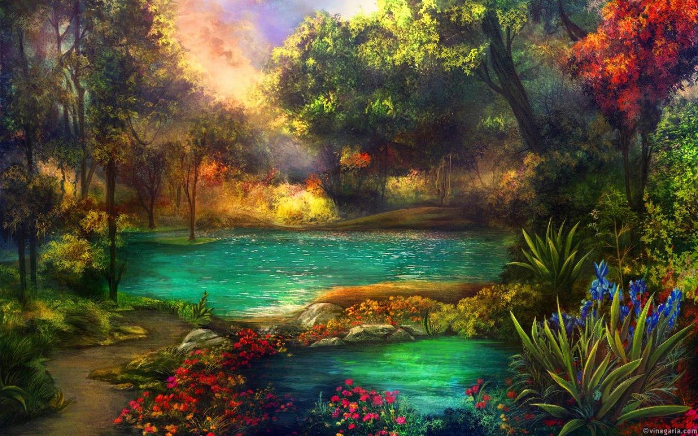 art, Oil, Painting, Beauty, Landscape, Lake, Flower Wallpaper