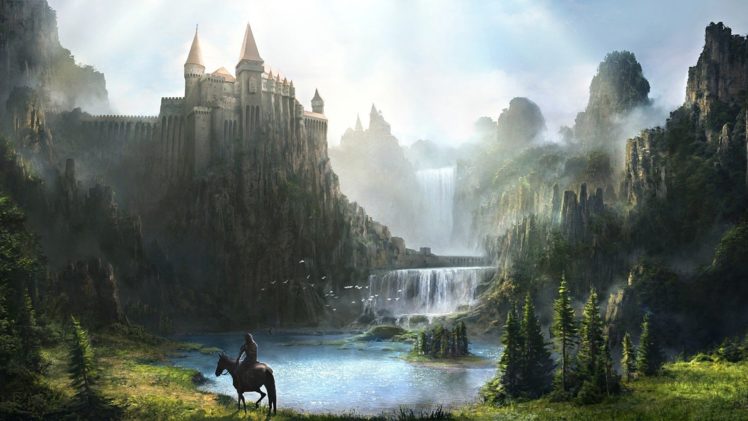 fantasy, Horse, Warrior, Mist, Tree, Waterfall, River HD Wallpaper Desktop Background