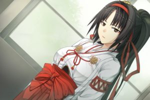video, Games, Long, Hair, Ribbons, Brown, Eyes, Miko, Visual, Novel, Game, Cg, Traditional, Dressing, Ponytails, Window, Panes, Japanese, Clothes, Anime, Girls, Detached, Sleeves, Hair, Ornaments, Black, Hair, Mon
