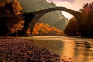 bridge, Sunrise, Fall, Sunbeams, Riverside, Mountains, Greece, Golden, Day, River, Forest, Beautiful, Trees