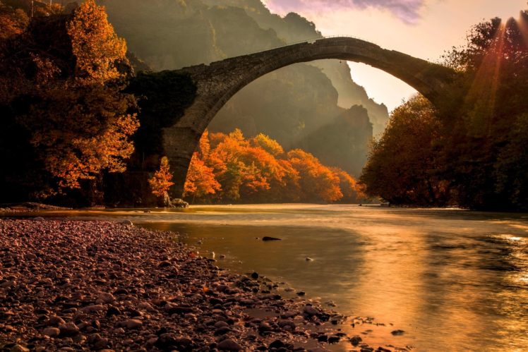 bridge, Sunrise, Fall, Sunbeams, Riverside, Mountains, Greece, Golden, Day, River, Forest, Beautiful, Trees HD Wallpaper Desktop Background