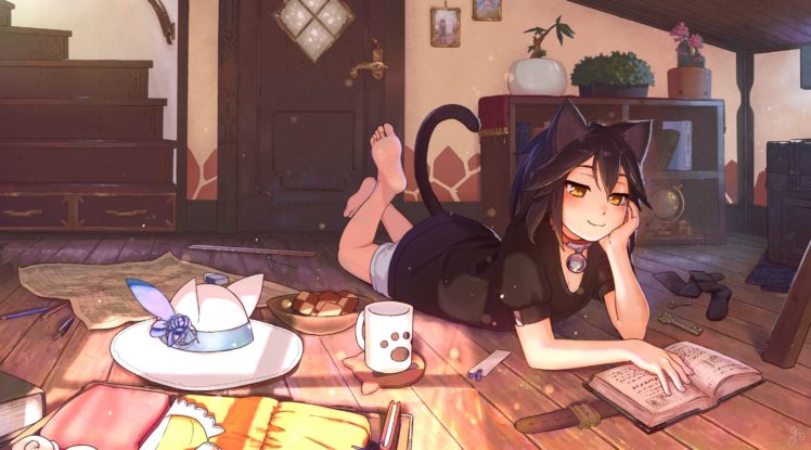 animal, Ears, Original, Characters, Anime, Girls, Anime, Tail, Barefoot, Short, Hair, Black, Hair, Nekomimi, Brown, Eyes HD Wallpaper Desktop Background