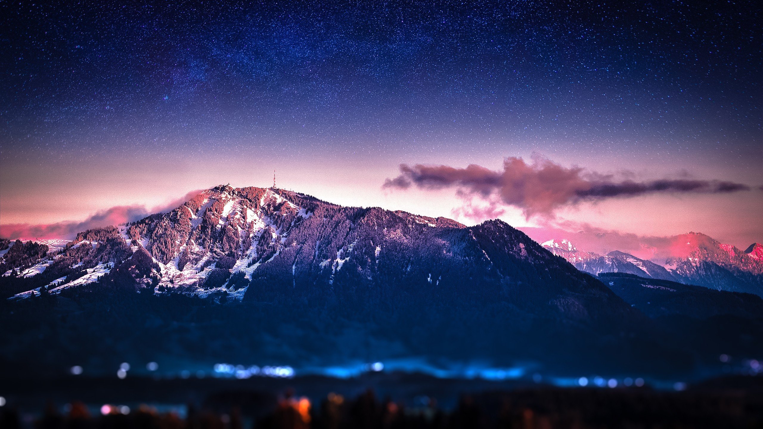 night, Stars, Mountain, Landscape Wallpaper