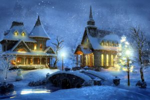 house, Church, Bridge, Snow, River, Painting, Artwork