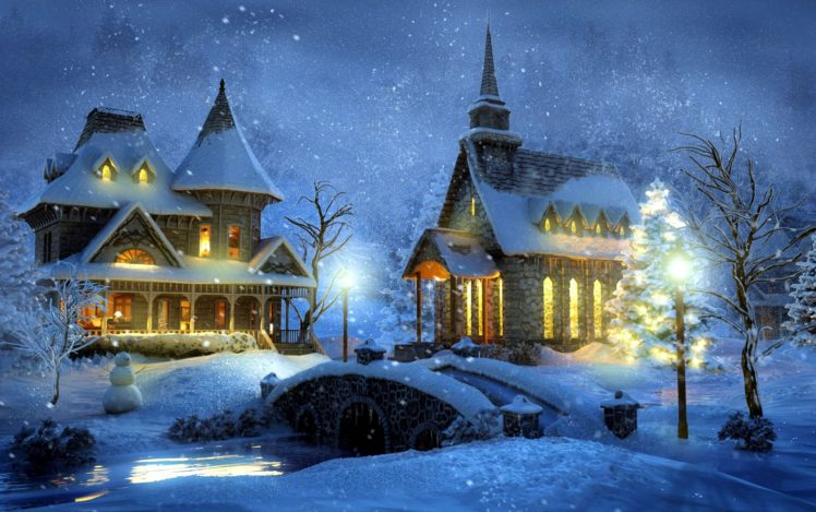 house, Church, Bridge, Snow, River, Painting, Artwork HD Wallpaper Desktop Background
