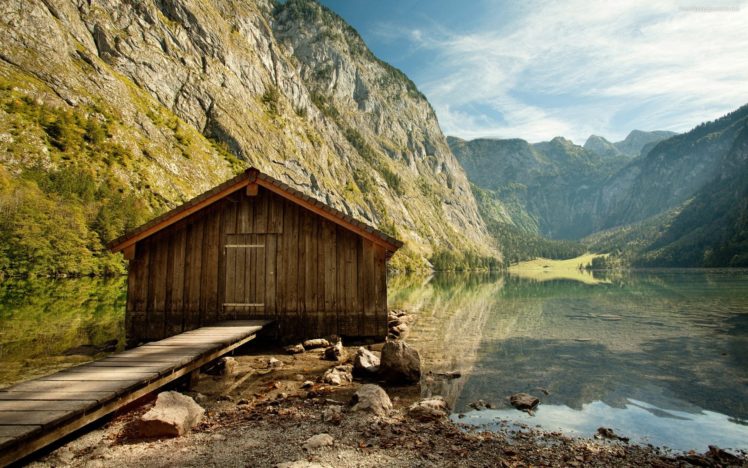 blue, Lake, Sky, Water, Nature, Architecture, Reflection, Shadow, Country, Clouds, Stones, House, Green, Mountain, Rocks HD Wallpaper Desktop Background