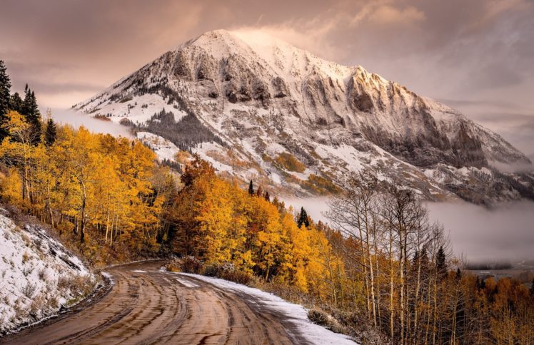 view, Road, Mountains, Sky, Snow, Fall, Winter, Autumn, Splendor, Clouds HD Wallpaper Desktop Background