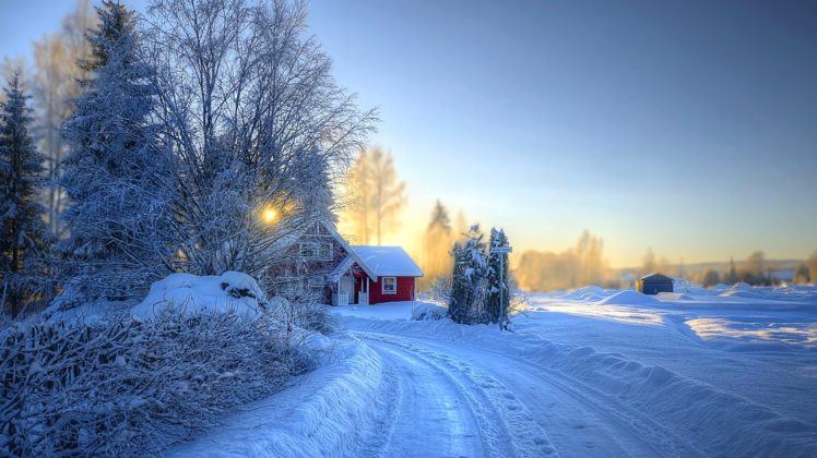 trees, Snow, House, Beautiful, Winter, White, Road, Sunset, Frost, Cold HD Wallpaper Desktop Background