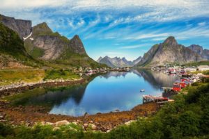 mountains, Road, Grass, Norway, Town, Dock, Clouds, Beautiful, Water, Fjord, Shrubs, Summer