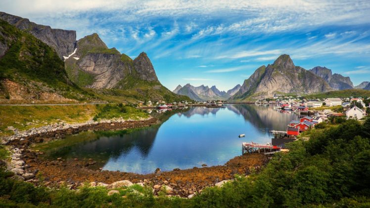 mountains, Road, Grass, Norway, Town, Dock, Clouds, Beautiful, Water, Fjord, Shrubs, Summer HD Wallpaper Desktop Background