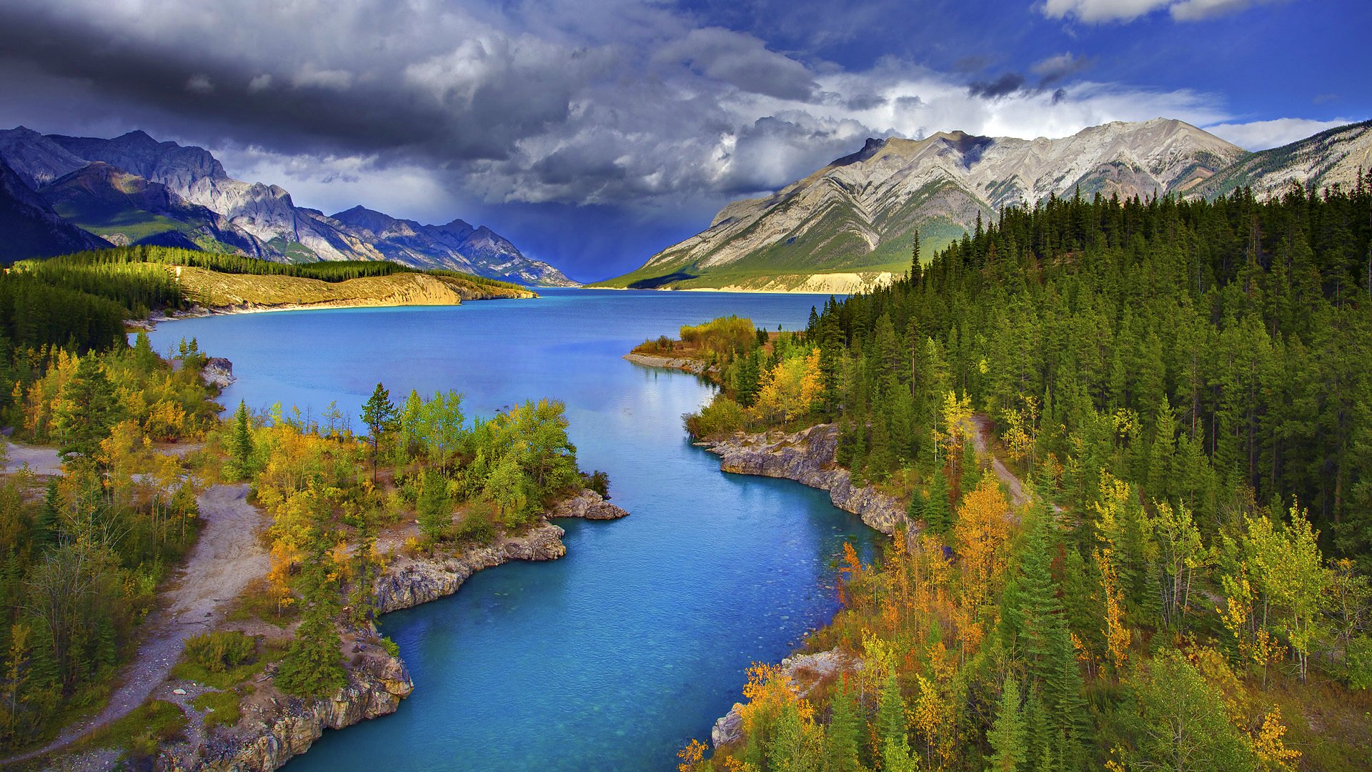 view, Lovely, Lake, Pathway, Mountains, Beautiful, Autumn, Splendor, Water, Trees, Peaceful, Road, Splendor, Amazing, River, Beauty, Clouds, Landscape, Woods, Autumn, Colors, Path, Stormy, Nature, Tree, Forest, Wallpaper