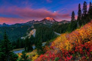 sky, Moon, Sunset, Mountains, Beautiful, Nature, Colors, Forest, Trees, Snowy, Peaks, Road, Shrubs, Clouds