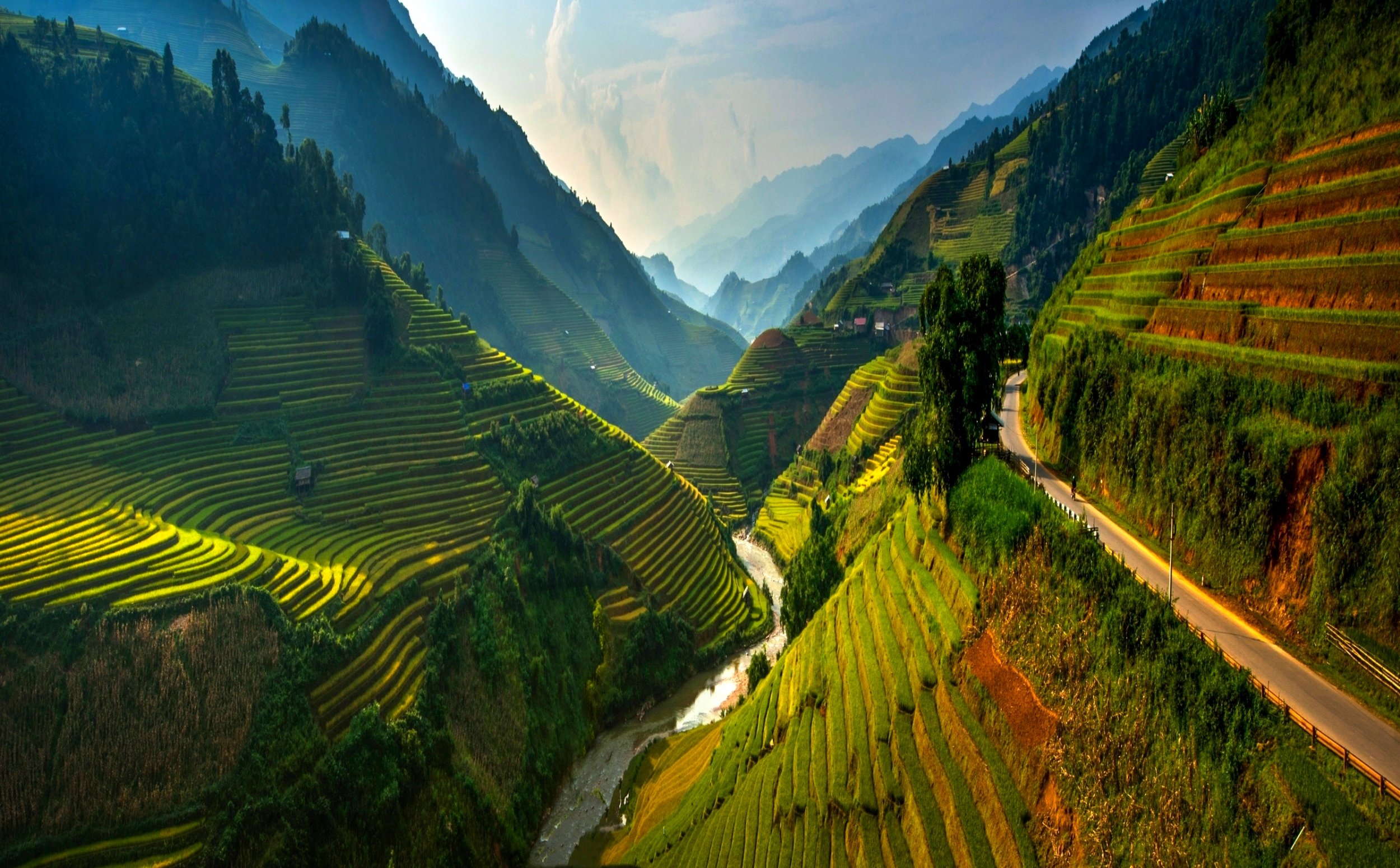 agriculture, Road, Mountains, Field, Trees, Beautiful, Clouds, Green, River Wallpaper