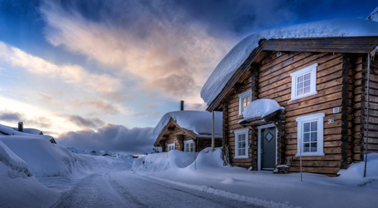 landscape, Snow, Cottage, Sky, Nature, Snowy, House, Winter, Time, Path, Winter, Road, Clouds HD Wallpaper Desktop Background