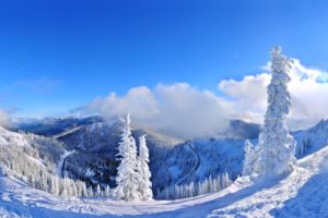 white, Clouds, Mountains, Frost, Blue, Sky, Panorama, Cold, Forest, Trees, Road, Snow, Winter