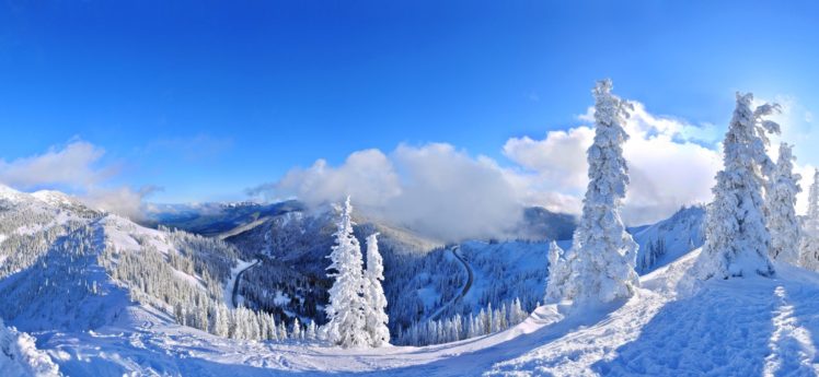 white, Clouds, Mountains, Frost, Blue, Sky, Panorama, Cold, Forest, Trees, Road, Snow, Winter HD Wallpaper Desktop Background