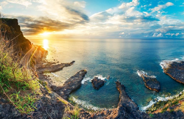 sea, Rocks, Clouds, Sunset, Yellow, Beautiful, White, Beach, Road, Sky, Cliffs, Blue HD Wallpaper Desktop Background