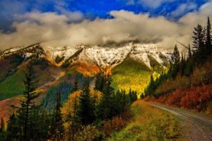 leaves, Autumn, Splendor, Clouds, Snow, Fall, Nature, Trees, Mountains, Colors, Sky, Road, Autumn, Park, Wal, Forest, Path, Colorful