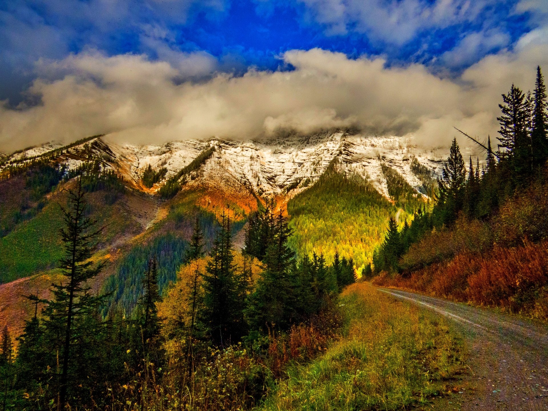 leaves, Autumn, Splendor, Clouds, Snow, Fall, Nature, Trees, Mountains, Colors, Sky, Road, Autumn, Park, Wal, Forest, Path, Colorful Wallpaper