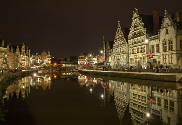 belgium, Houses, Ghent, Night, Canal, Street, Cities, Reflection HD Wallpaper Desktop Background